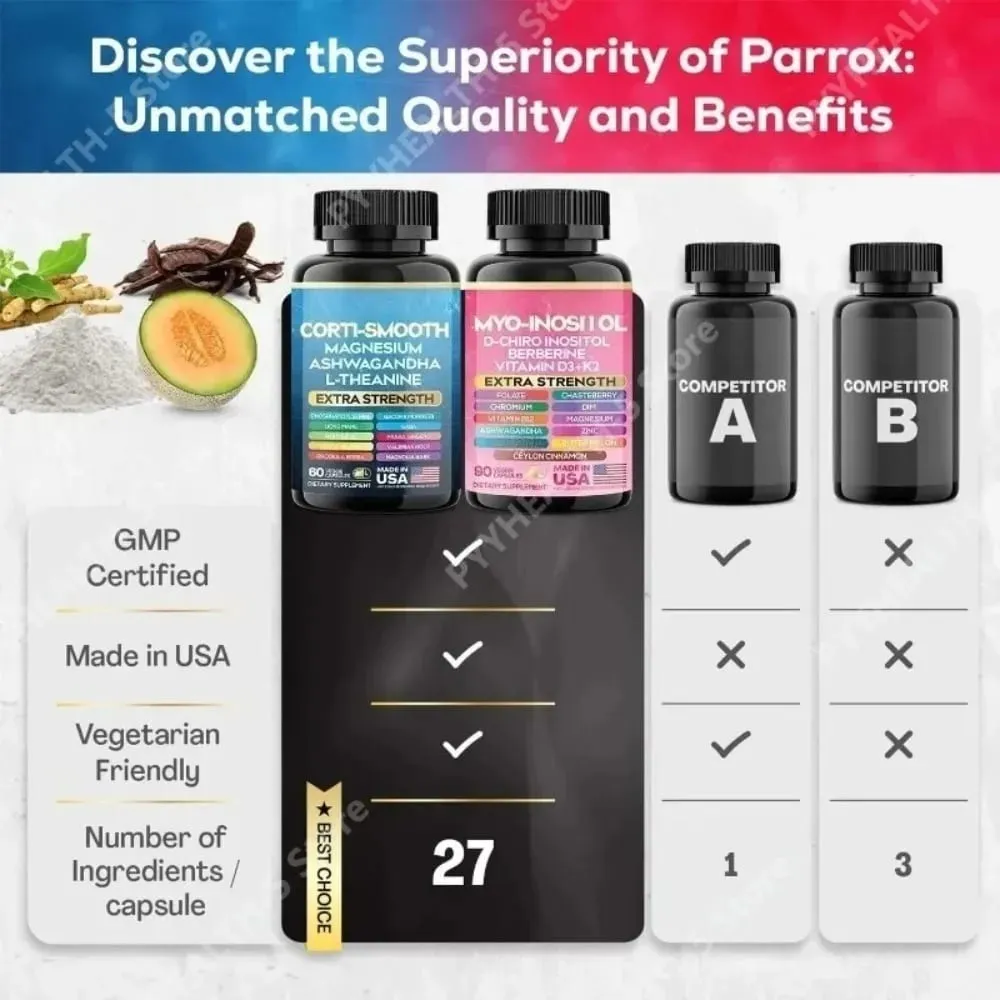 Pacote de suplementos de cortisol e mio-inositol Pacote calmante e suave 13 em 1 Cortisol Balance Magnésio Ashwagandha L-Teanina
