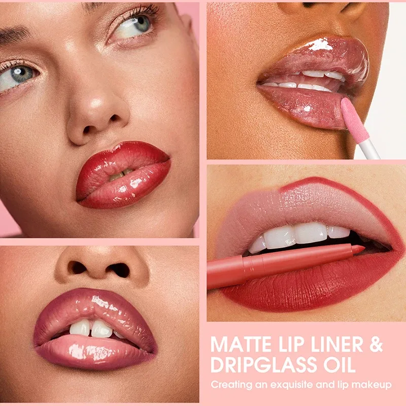2 pçs/caixa matte veludo lipliner & espelho de vidro brilho labial à prova dwaterproof água de longa duração não-pegajoso roxo marrom forro lábio combinação conjunto de maquiagem — image 6
