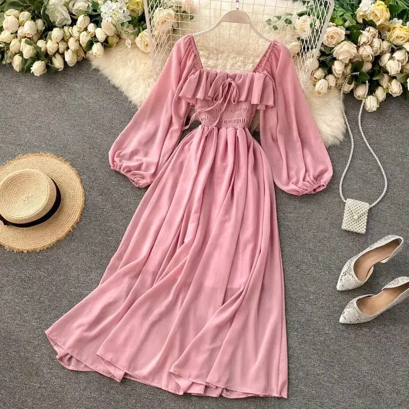 Chic elegante gola quadrada maxi vestido feminino sólido chiffon puff manga vestidos 2026 praia festa robe vintage plissado vestidos y2k