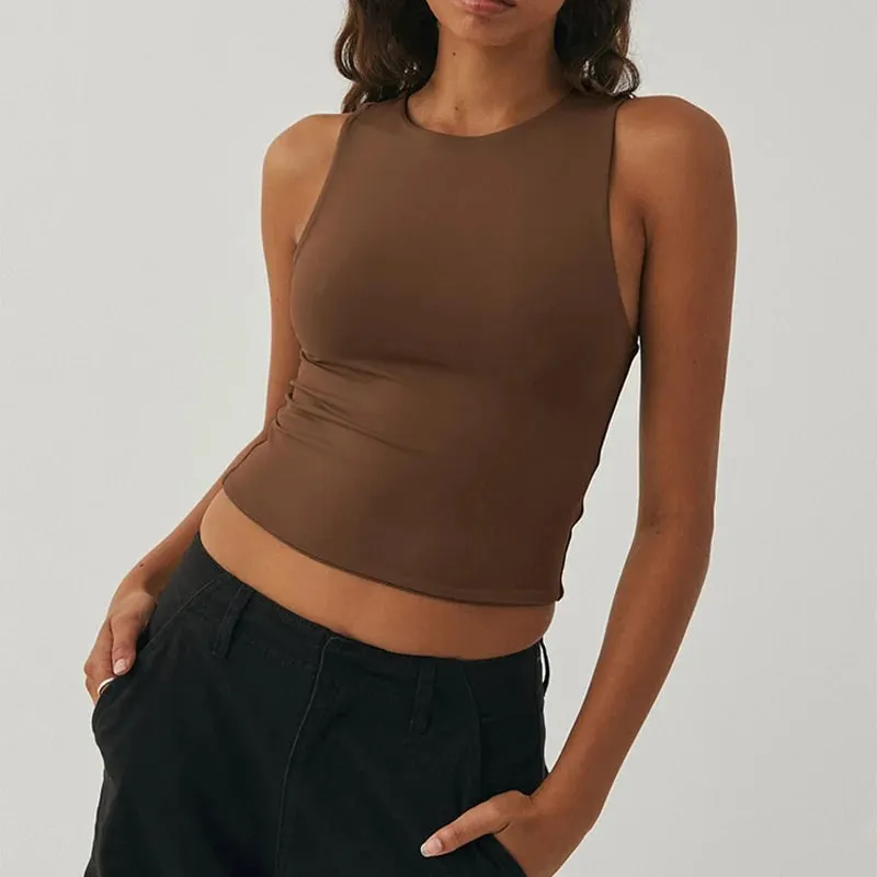 Sleeveless tight bottom shirt round neck I-shaped solid color top casual vest