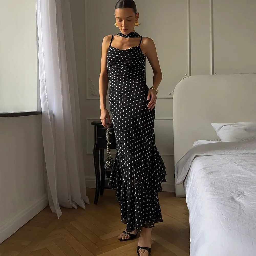 Tuularose Elegant Polka Dot Long Dress Summer Scarf Ribbon Ruffle Halter Pleated Dress Luxury Sleeveless Women's Evening Dresses