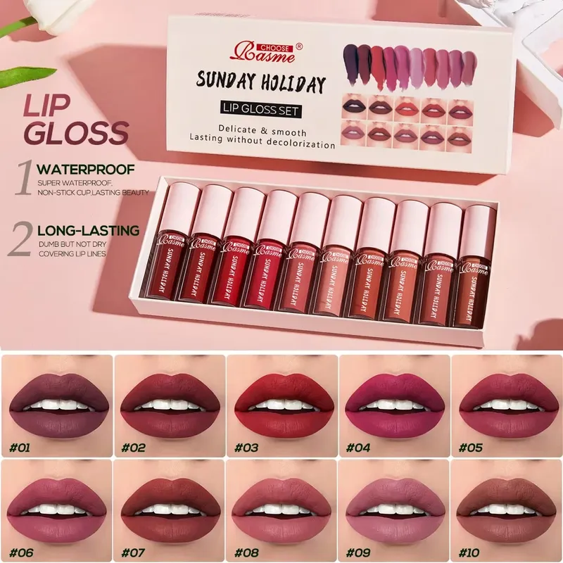 10 Color Mouth Red Lip Glaze Makeup Set Exquisite Practical Portable Lipgloss Lipstick Set Valentine's Day Gift