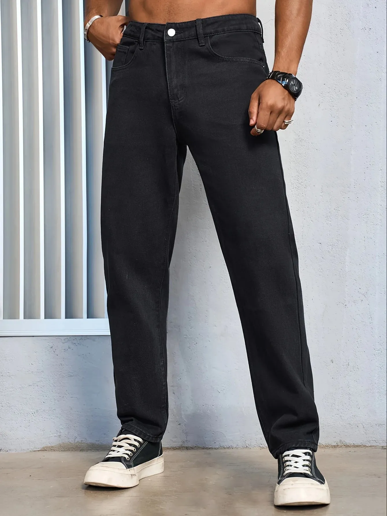 Jeans masculino casual liso preto regular fit