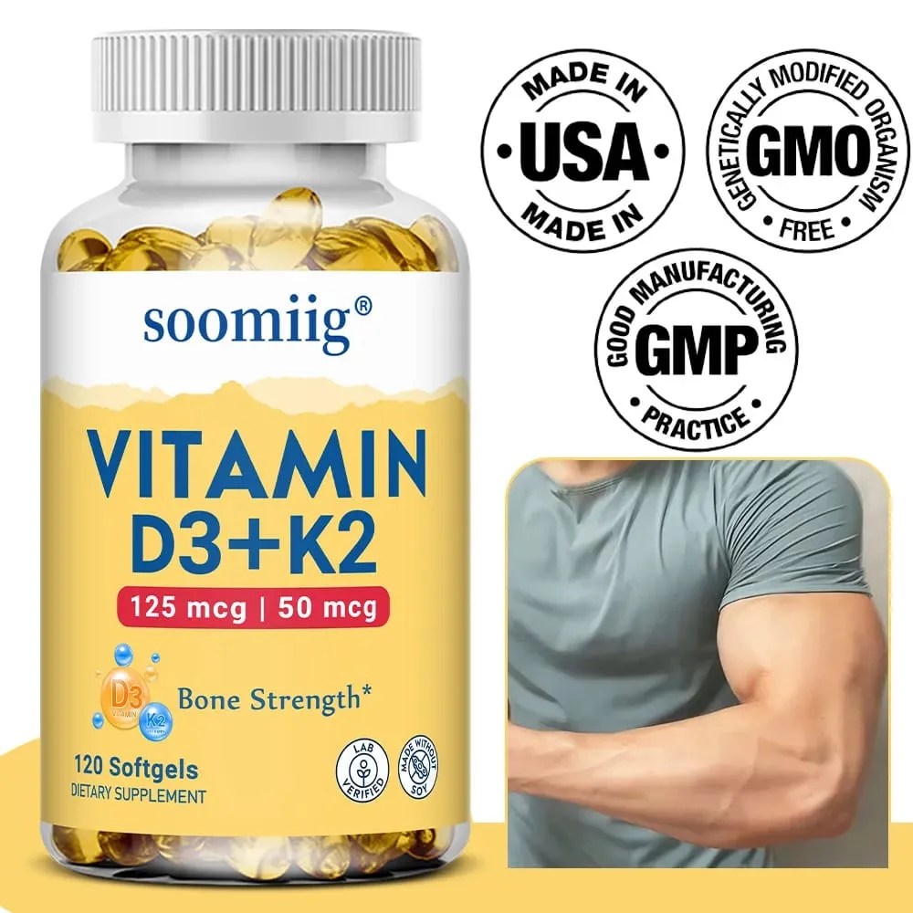 Cápsulas de vitamina D3 + K2 5000IU 120pcs Suplemento vegano de suporte ósseo e imunológico para precisão óssea e saúde geral