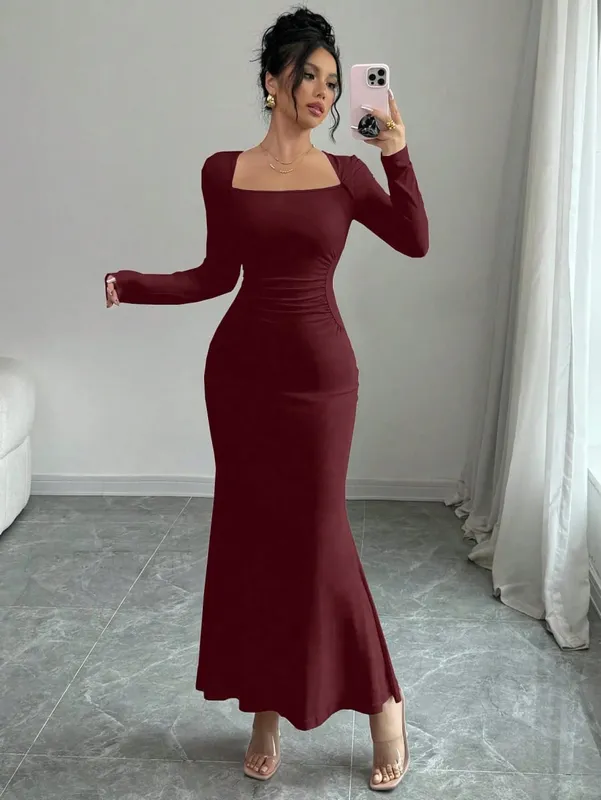 Feminino quatro estações novo estilo feminino elegante temperamento retro cor sólida gola quadrada vestido de manga longa