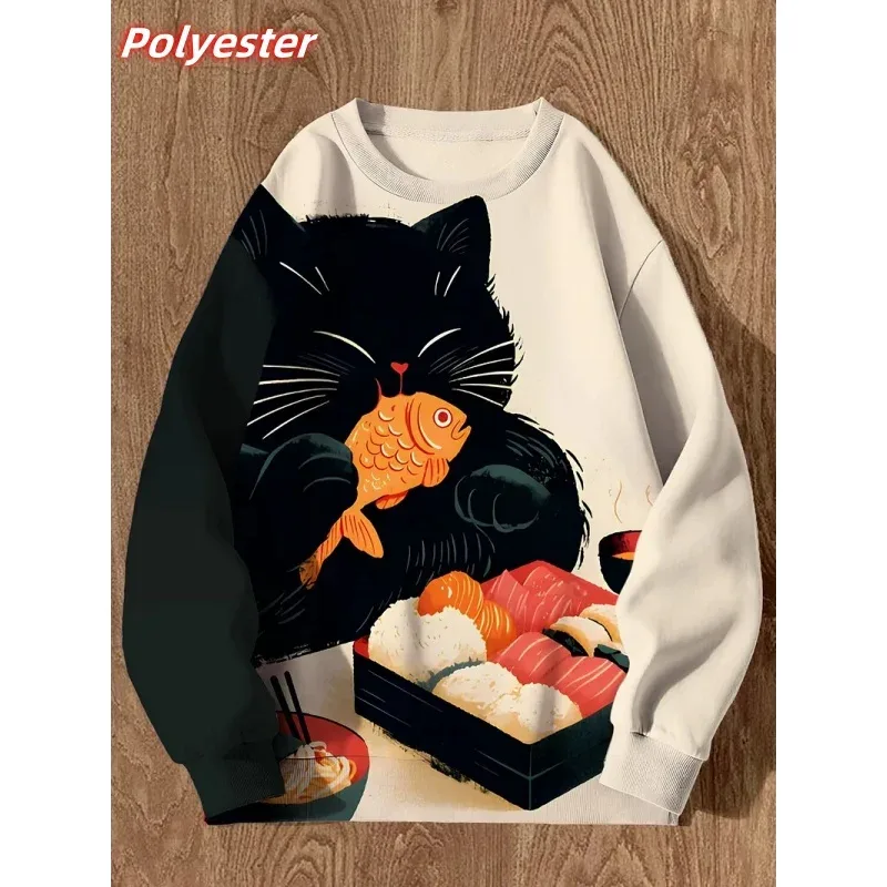 Gato sushi padrão hoodie para homens animais bonitos 3d impresso pulôver outono manga longa solto em torno do pescoço hoodies moletom topos