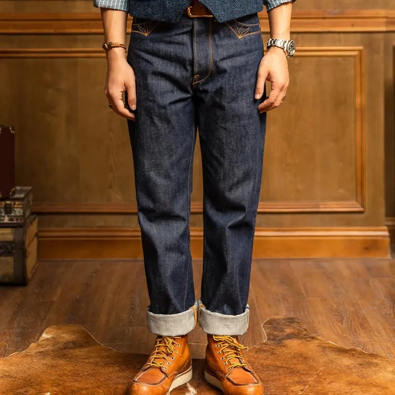 Red Tornado 350 Jeans Selvedge com desenhos de costura de bolso com fivela nas costas 14 onças Calça jeans crua