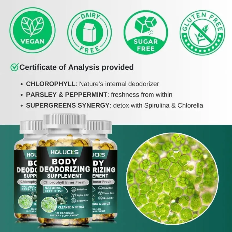 Suplemento de cápsulas de clorofila, desodorização corporal e limpeza interna, suporte para digestão, intestino e saúde da pele, aumento de energia