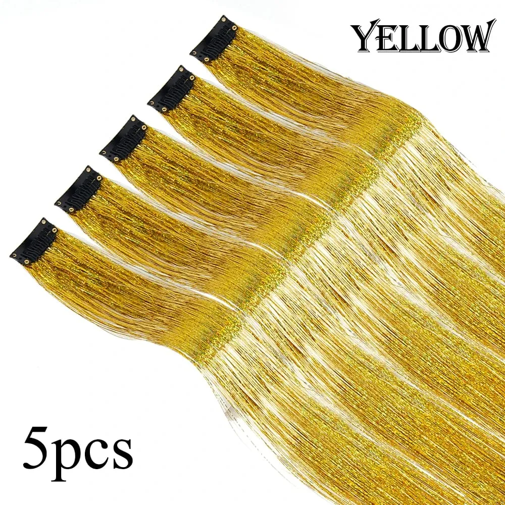 Atacado 5 unidades/pacote espumante brilhante extensões de cabelo clipe em brilho brilhante cabelo enfeites arco-íris brilhante brilho cabelo ouropel rosa/vermelho