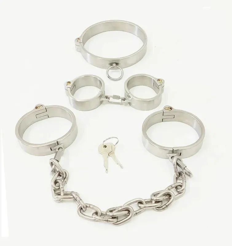 Stainless Steel Lockable Neck Collar Hand Ankle Cuffs Slave BDSM Tool Bondage Handcuffs Leg Irons Restraints Sex Toy for Couples