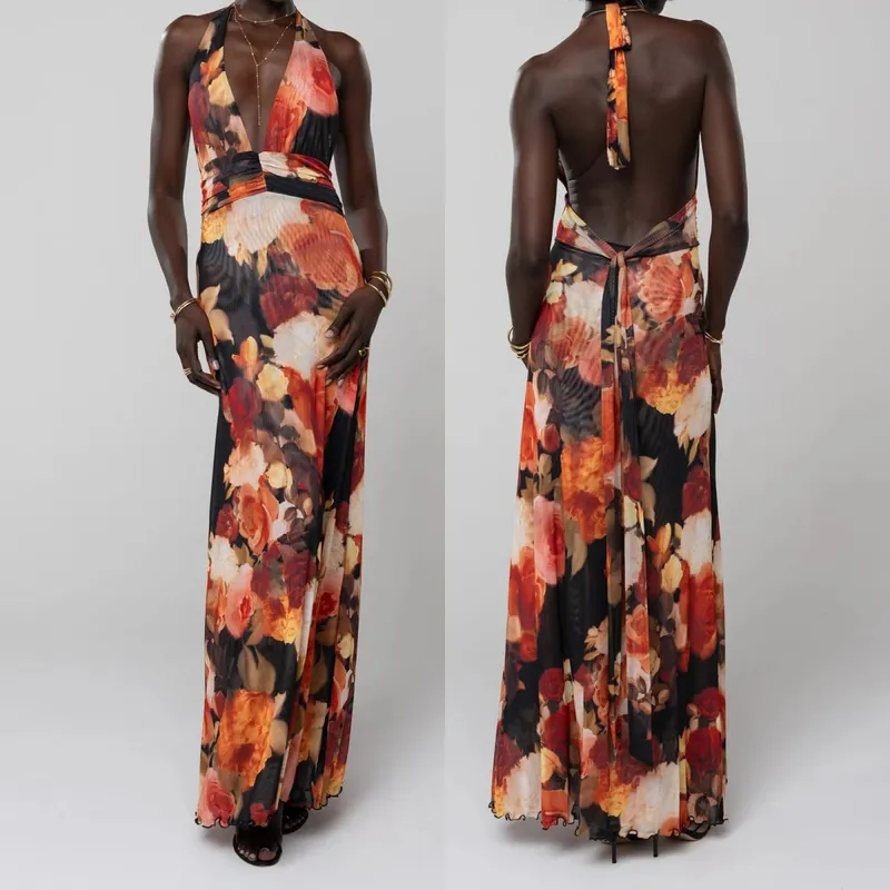 Combhasaki Mulheres Verão Sem Mangas Tie-up Halter Decote Em V Profundo Backless Flor/Pontos Estampado Plissado Hem Malha Ruched Vestido Longo Linha A