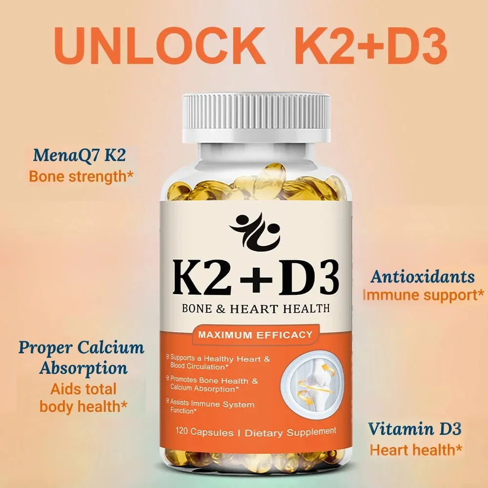 Cápsulas de vitamina D3 + K2 apoiam a absorção de cálcio, bem-estar ósseo e articular, função cardiovascular e saúde do sistema imunológico
