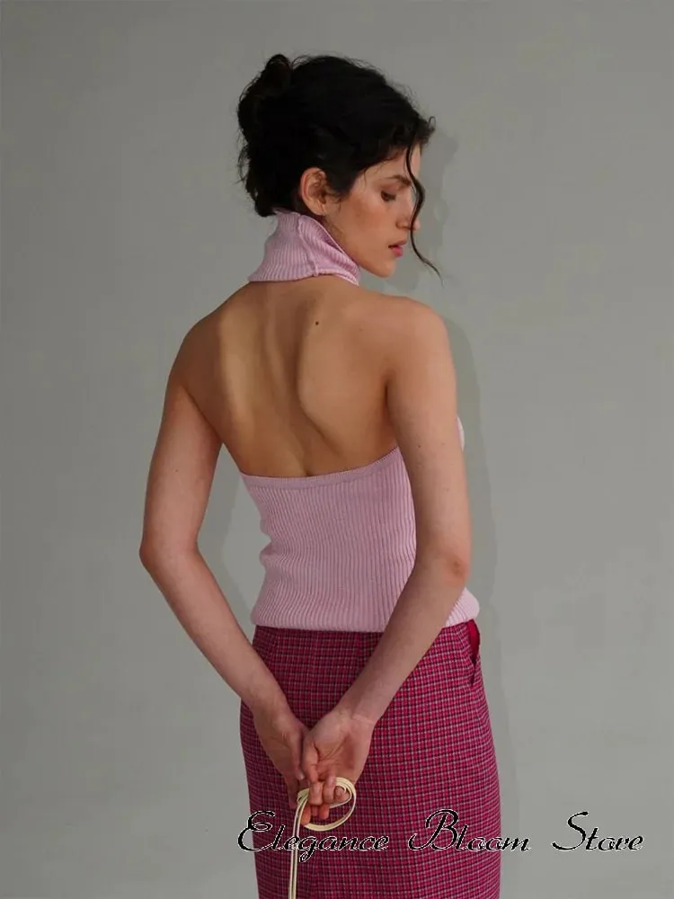 Solid Color Knit Sleeveless Tank Top Women High Neck Backless Slightly Fitted Cropped Vest Minimal Daily Fashion Casual Outfit