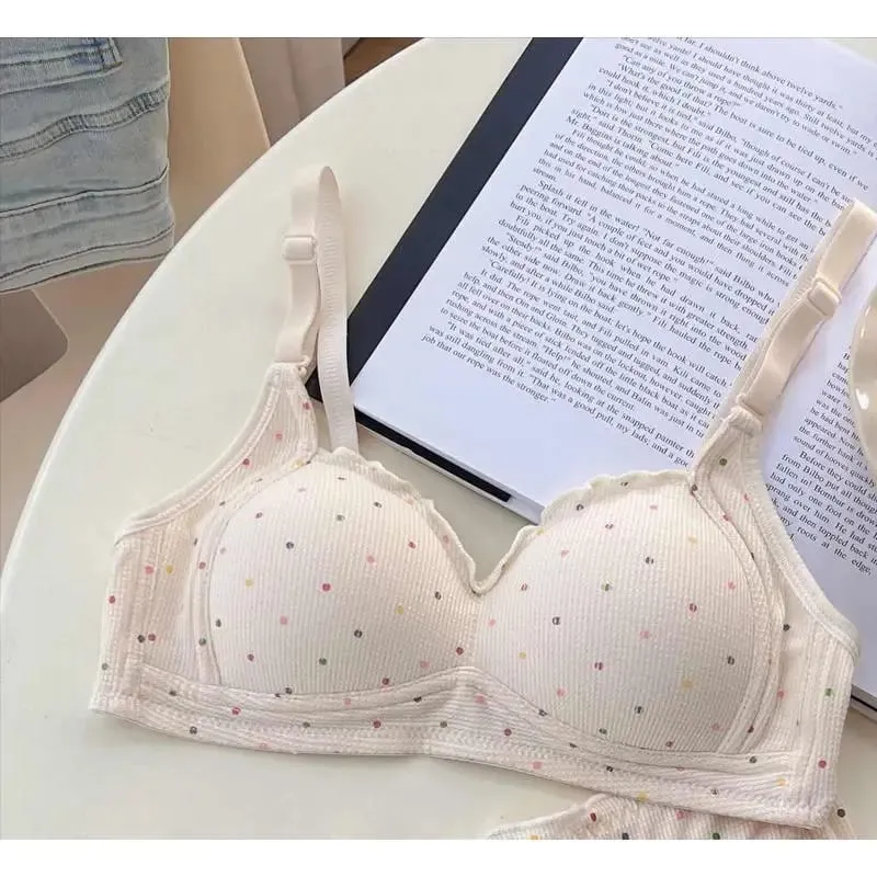 Sutiã sem fio de bolinhas brancas para adolescentes, suporte de retração de busto, conjunto de bralette não acolchoado, peito pequeno, anti flacidez, moyisu