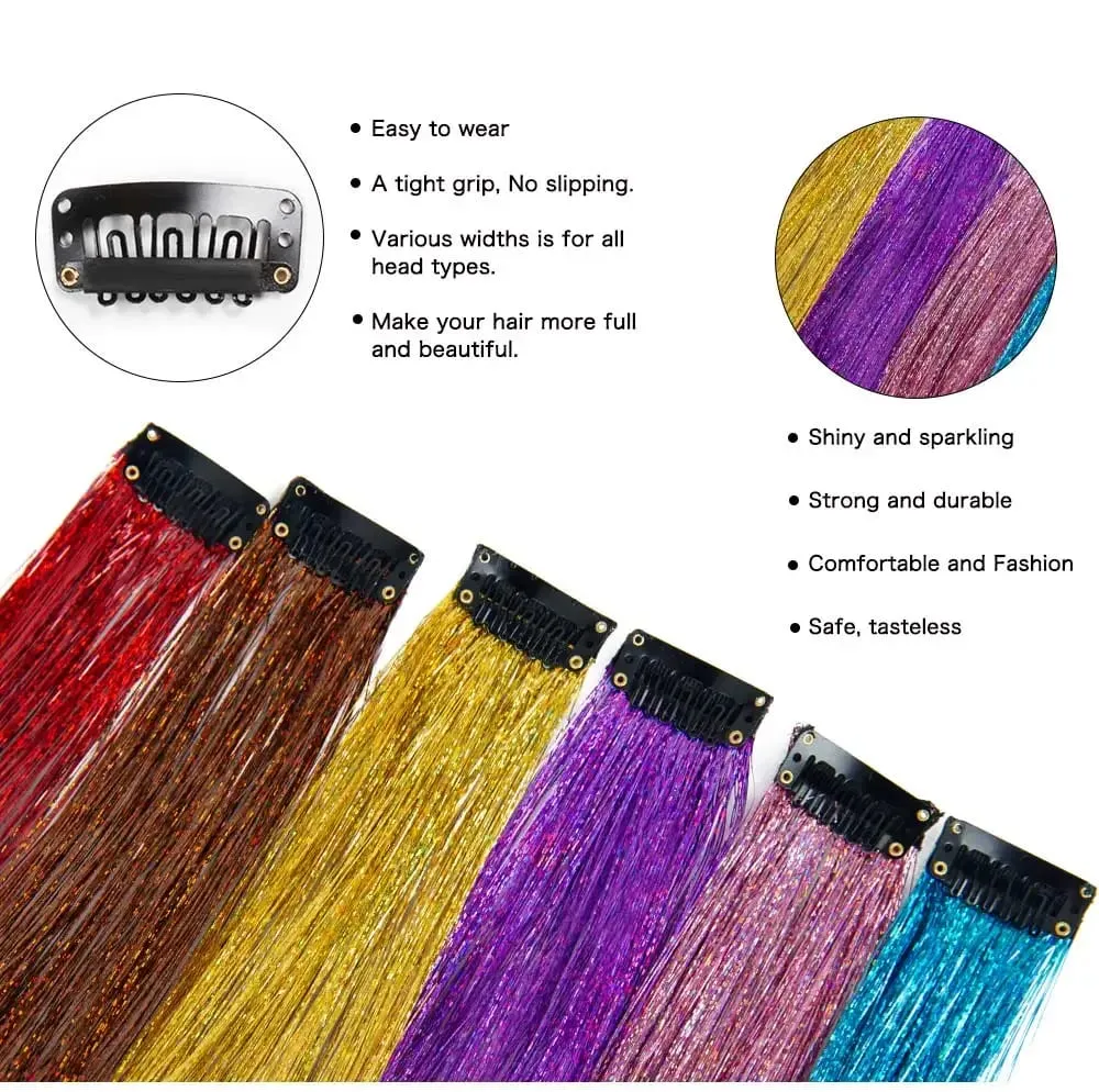 Atacado 5 unidades/pacote espumante brilhante extensões de cabelo clipe em brilho brilhante cabelo enfeites arco-íris brilhante brilho cabelo ouropel rosa/vermelho