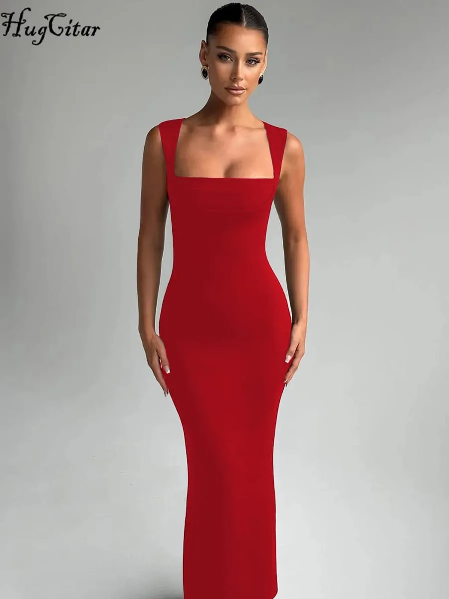 Hugcitar feminino elegante sólido gola quadrada alças sexy bodycon maxi vestido de baile verão feminino y2k roupas festa à noite aniversário