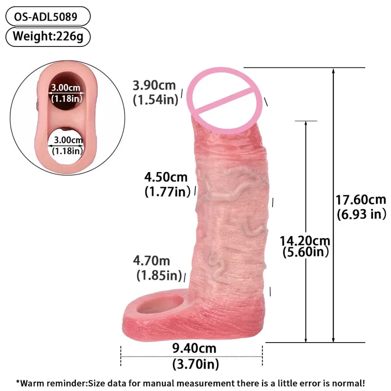 Luva reutilizável para pênis com cabeça fechada realista e anel peniano para ampliação do pênis, atraso na ejaculação, brinquedos sexuais para homens