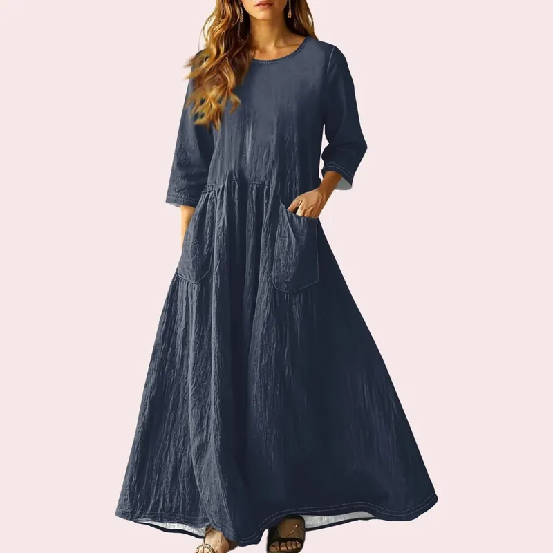 Women's Summer Loose Long Dresses Solid Color Three-quarter Sleeve Double Pocket Dress Loose Round Neck Linen Dress Vestidos — image 17
