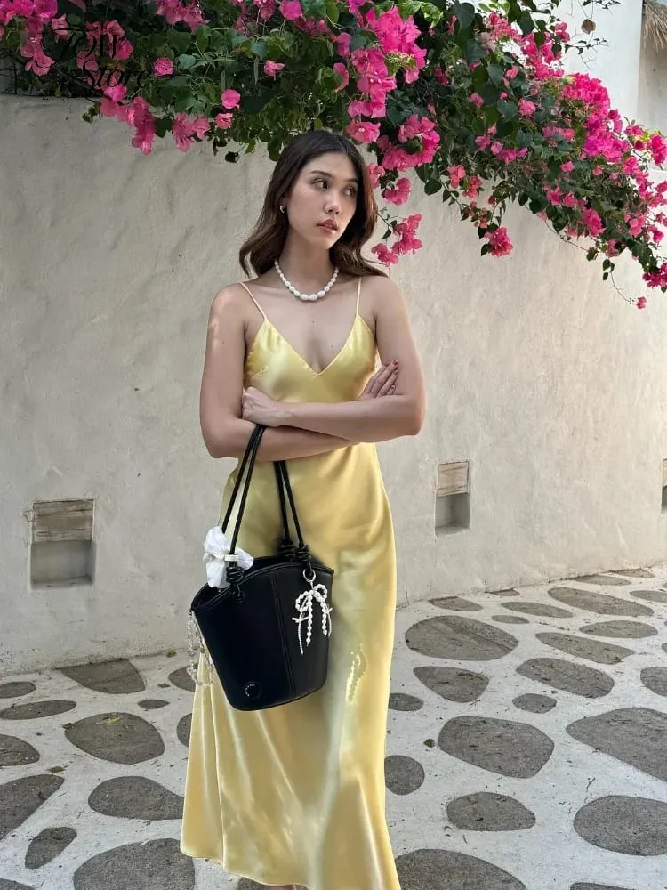 Women Solid Satin Sling Long Dress Casual Backless Sleeveless V-neck Pleated Gowns 2026 Summer Vacation Evening Party Robes