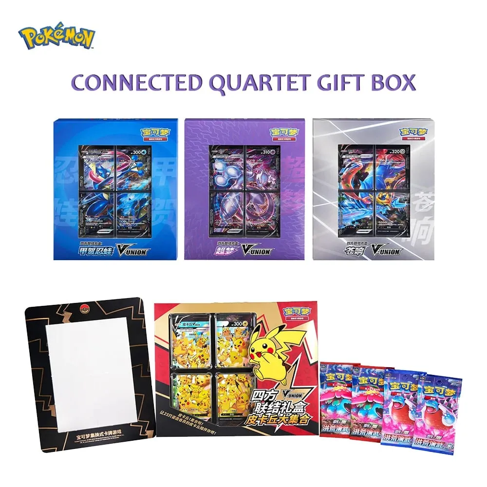 Conjunto de caixa de presente original Pokémon TCG Quartet Coupling V-Union - Pikachu Mew-Two - 100% cartas colecionáveis autênticas — image 1