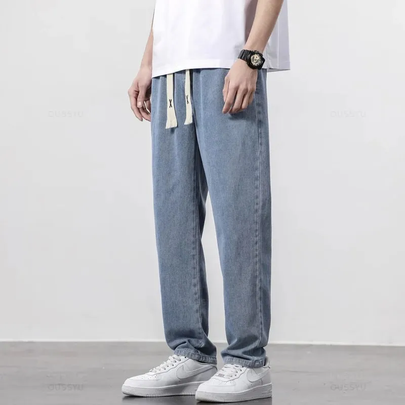 Alta qualidade totalmente elástico na cintura jeans masculino algodão macio cordão calças retas coreia calças casuais masculino plus size S-5XL — image 10