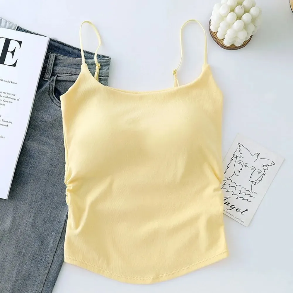 Simples sem mangas suspender colete fino com copos acolchoados camisola roupa interior curto colete atividades esportivas
