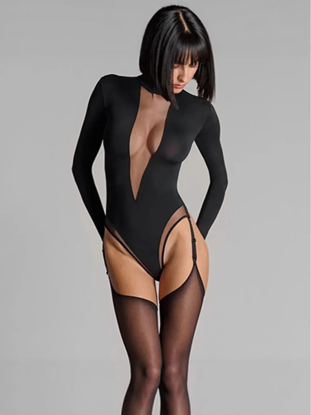 2026 nova perspectiva de v profundo malha emenda manga comprida preto macacão sexy picante menina roupa festa data nicho tendência moda ins