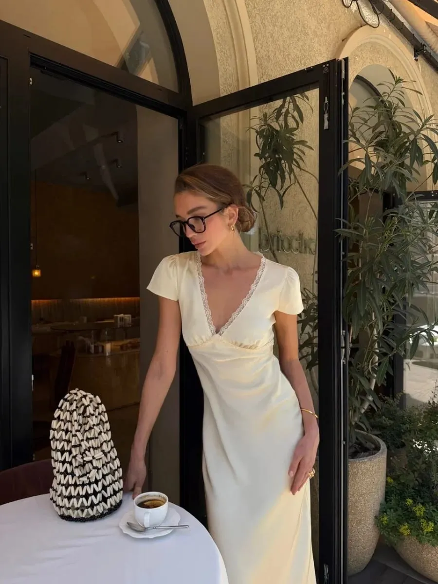 Chic Satin Lace Trim Midi Dress For Women Solid Patchwork Short Sleeve V-neck Summer Dresses 2026 Elegant Summer Holiday Gown