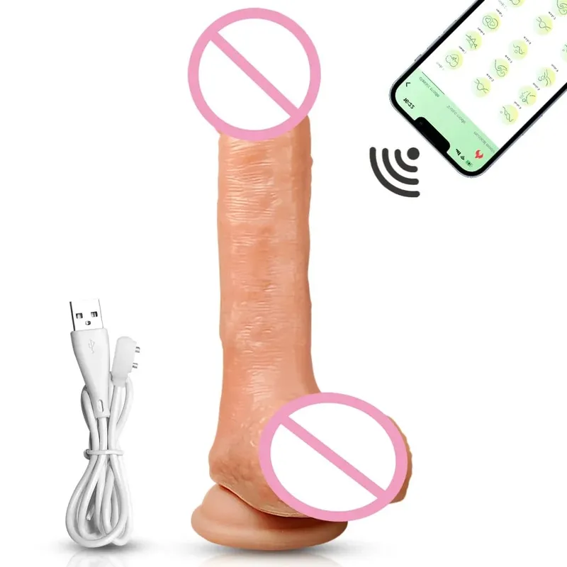 APP控制推力逼真假陽具女性G點加熱振動器帶吸盤假陰莖女性性玩具自慰