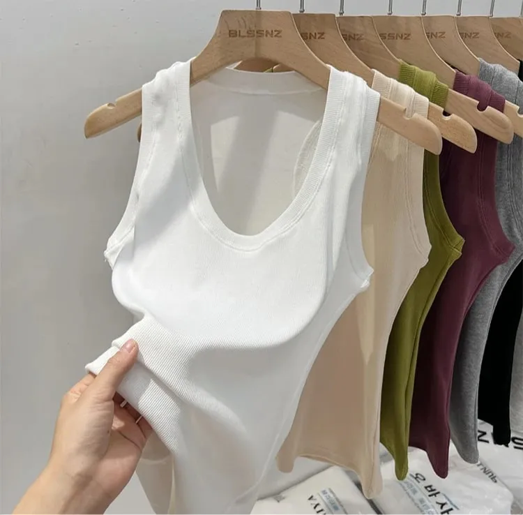 2026 verão básico elástico tanque superior feminino sólido baixo em torno do pescoço com nervuras camisola estilo coreano versátil magro tanques & camis