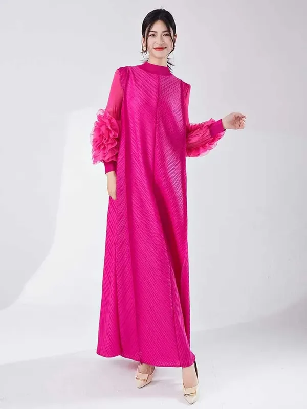 Vestido longo plissado com mangas babados, solto, cor sólida, costura, roupas femininas para festa, verão, roupas novas 2da5900