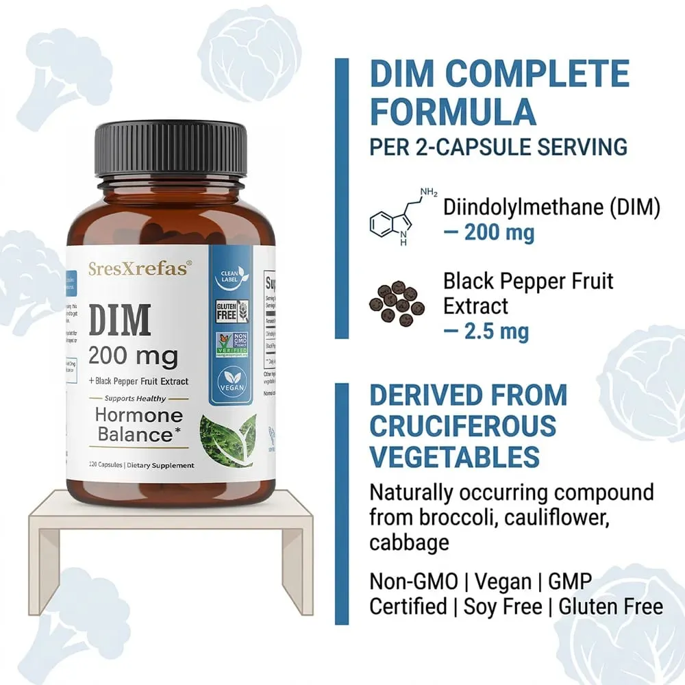 DIM Supplement 200mg Unisex Menopausal Support Antioxidant Support Promotes Overall Health