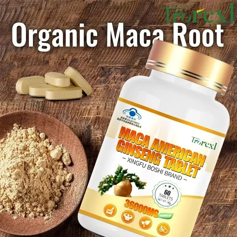 Pó orgânico de raiz de maca com suplemento de extrato de ginseng para saúde de homens e mulheres - pílulas veganas para melhorar a potência