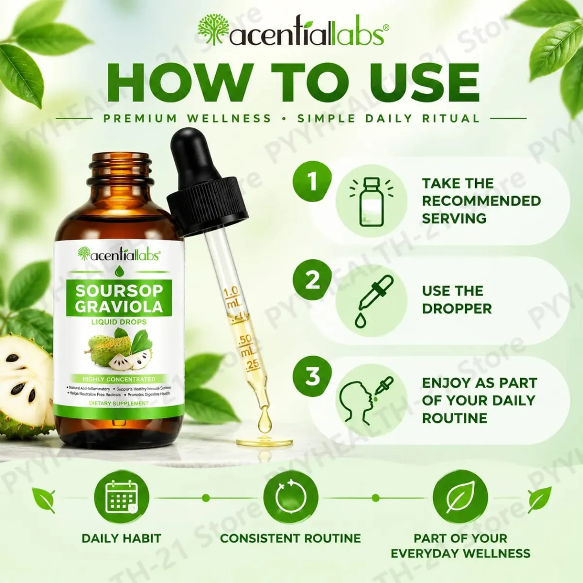 AcentiLabs Graviola Graviola Gotas Líquidas Vitamina C Suporta Saúde Digestiva Sistema Imunológico Defesa Radical Livre 60ml para Adultos