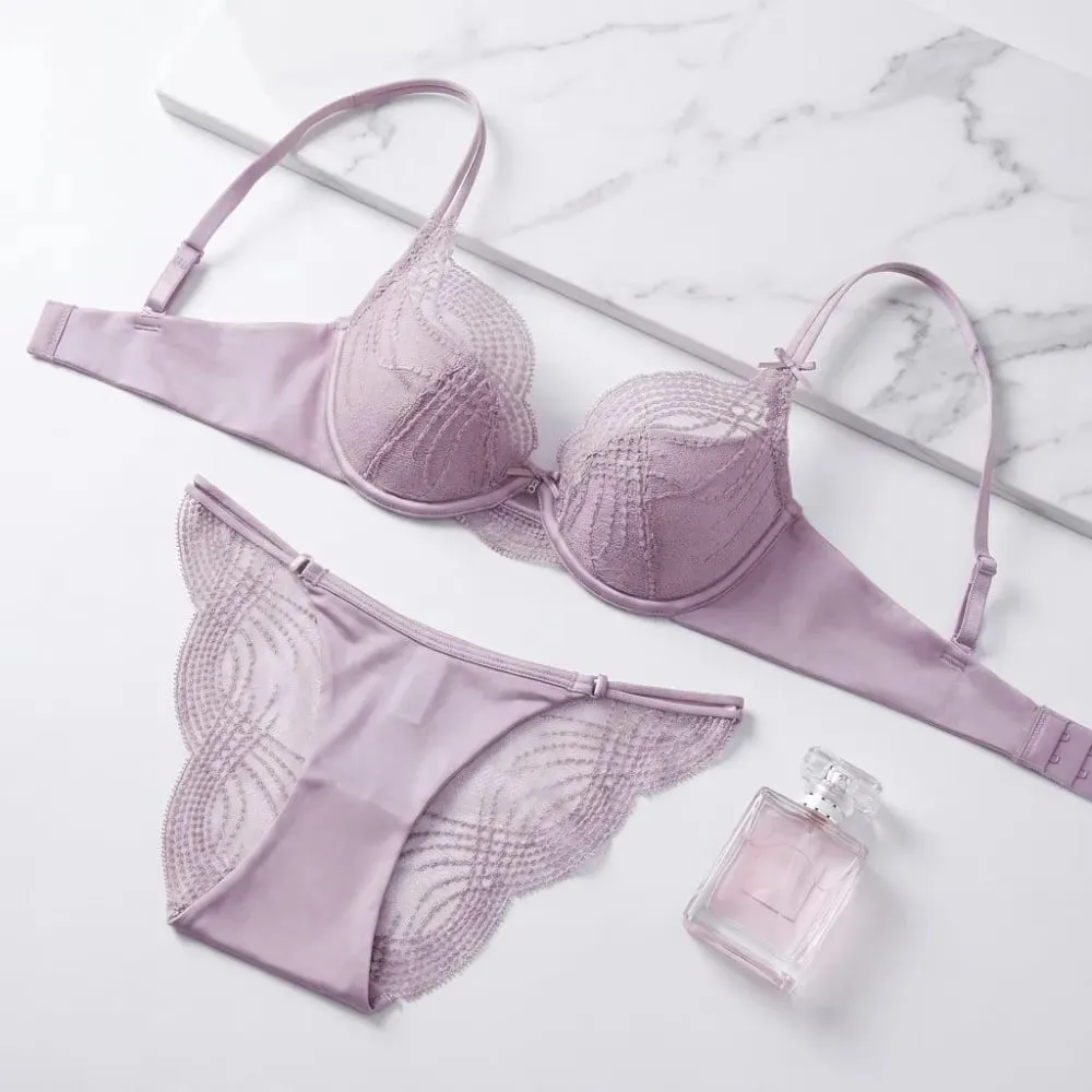 Confortável oco fino copo feminino lingerie conjunto de cetim de seda sem costura push up sutiã conjunto estilo francês sexy roupa interior feminina íntimos — image 3