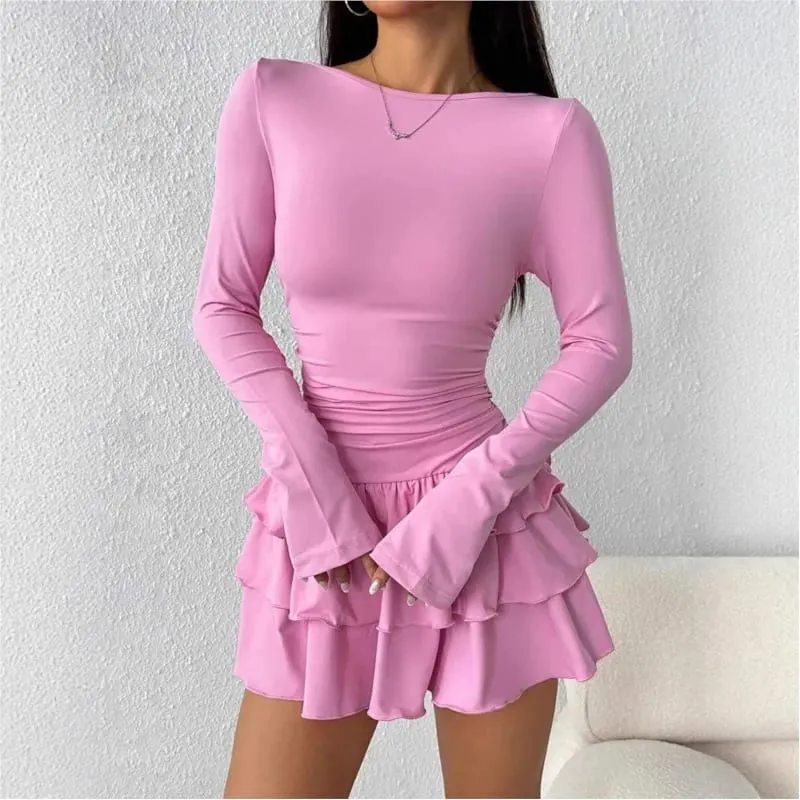 Vestidos temperamento 2025 mulher mini vestidos estilo simples elegante francês bodycon magro plissado moda manga longa deslocamento sexy — image 5