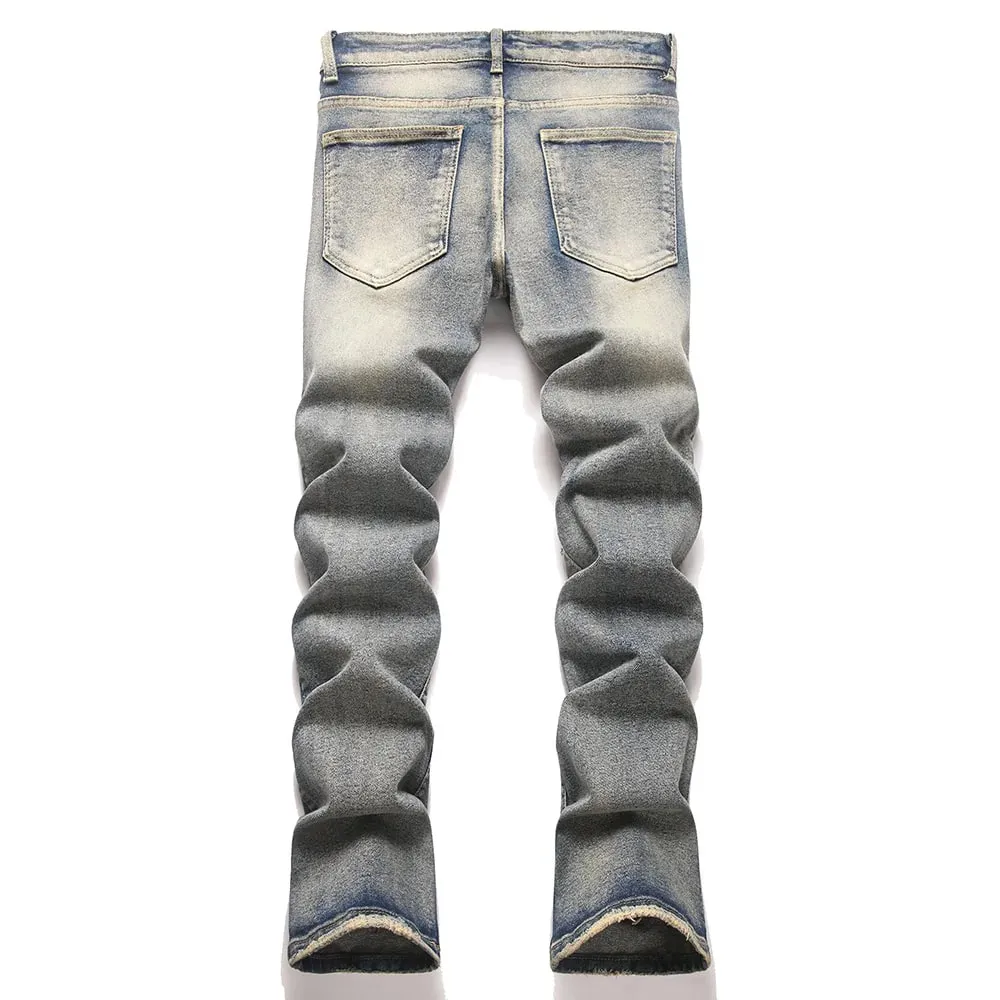 Calça jeans masculina vintage bootcut, calça jeans estilo totem em relevo retrô azul stretch elastano slim