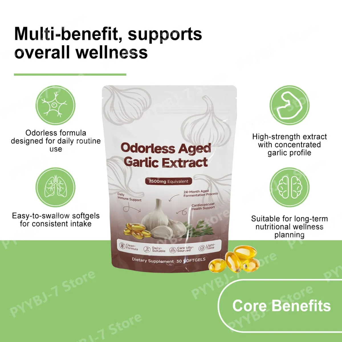 Extrato de alho envelhecido inodoro 7500mg Softgels equivalentes 30 contagens Suplemento diário de alho Coração e suporte geral de bem-estar