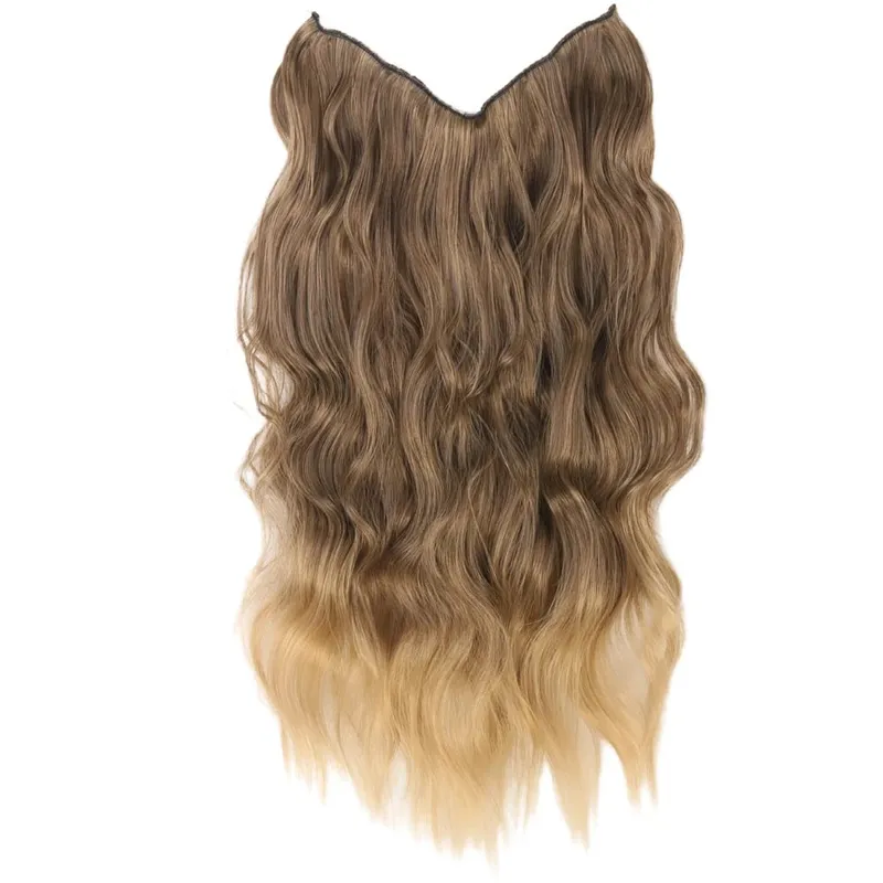 Black Halo Hair Extensions with Invisible Wire Adjustable Size 22inch Long Synthetic Wavy Curly Hairpieces for Women No Clip
