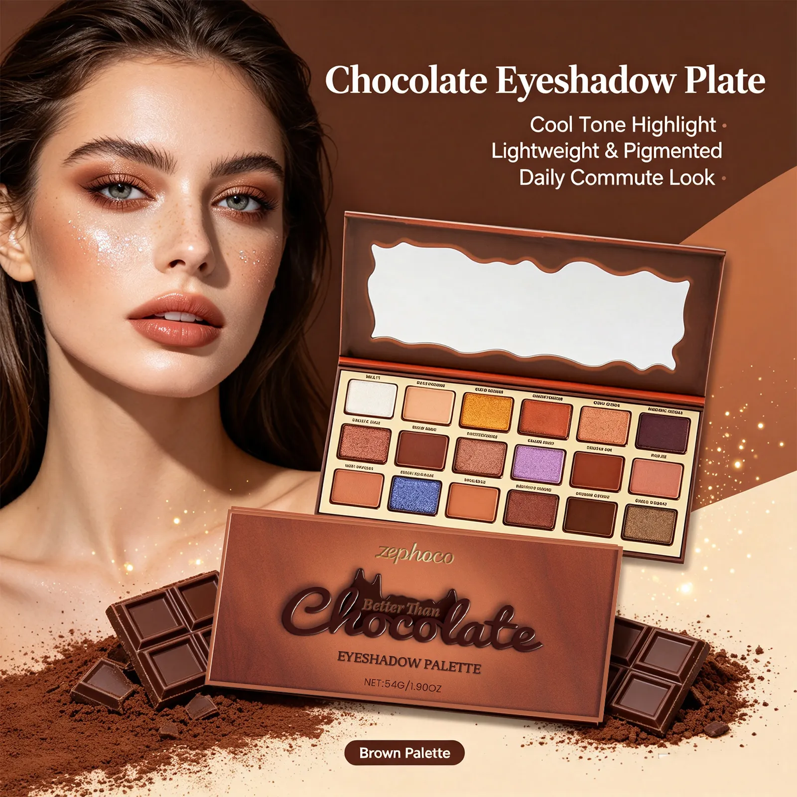 Paleta de sombras estilo chocolate, 18 cores, terra, destaque colorido, tom fresco, sombra pigmentada de longa duração, maquiagem para os olhos