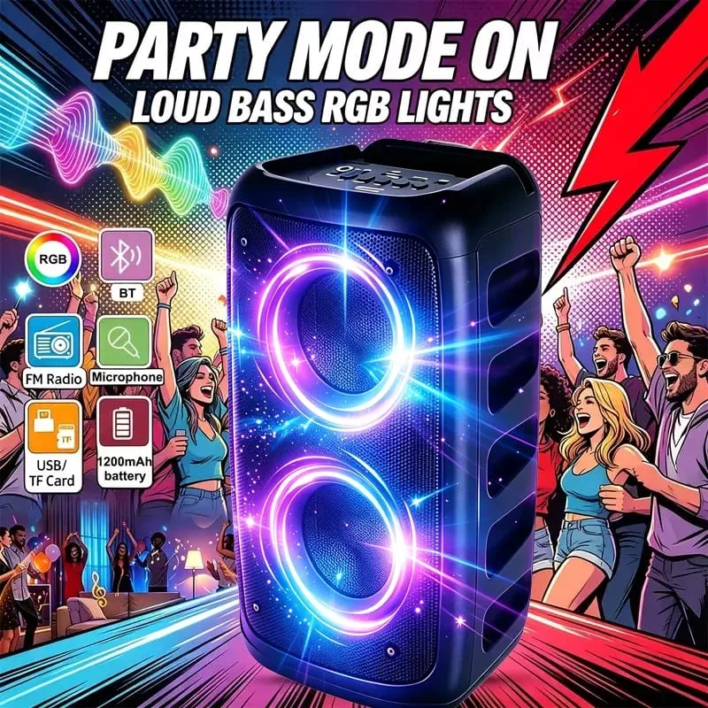 Alto-falante Bluetooth profissional grande de 9900 Hz com microfone Design portátil com subwoofer Party Box Luzes LED Compatível com BT / USB / TF / AUX / FM / TWS / MIC / EQ Funções Karaokê profissional. Presente ideal para aniversários, Natal e Ano Novo
