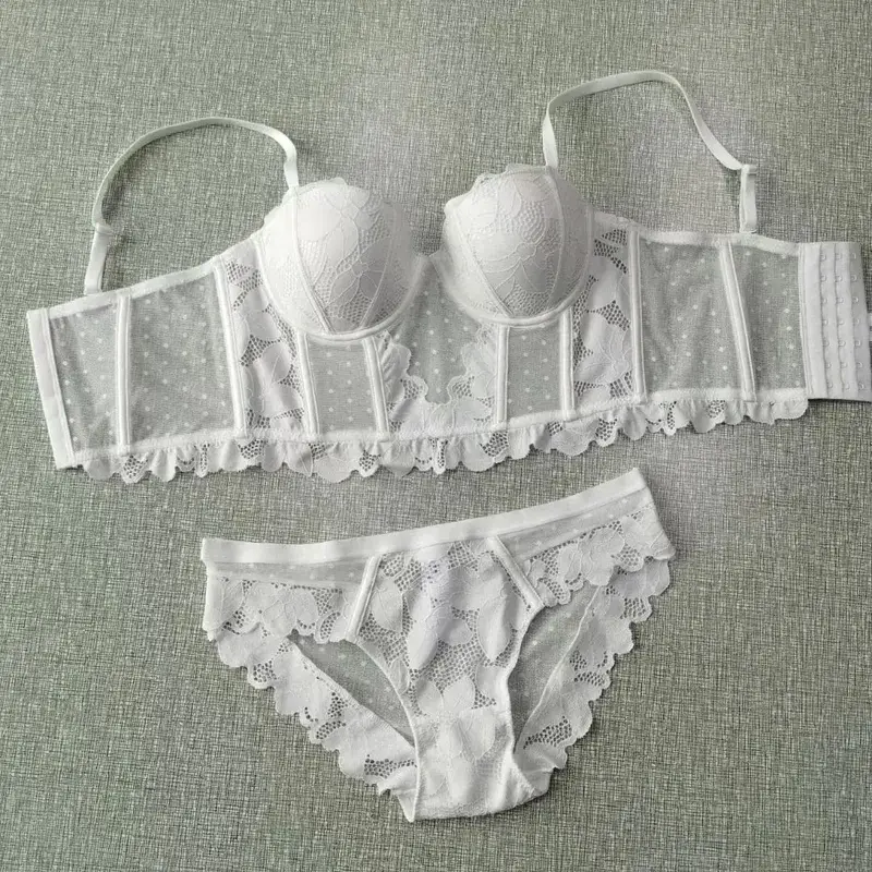 Malha renda push up meia xícara conjunto de sutiã roupa interior com alças removíveis 7 breasted broadside forma sutiã feminino bela lingerie sexy