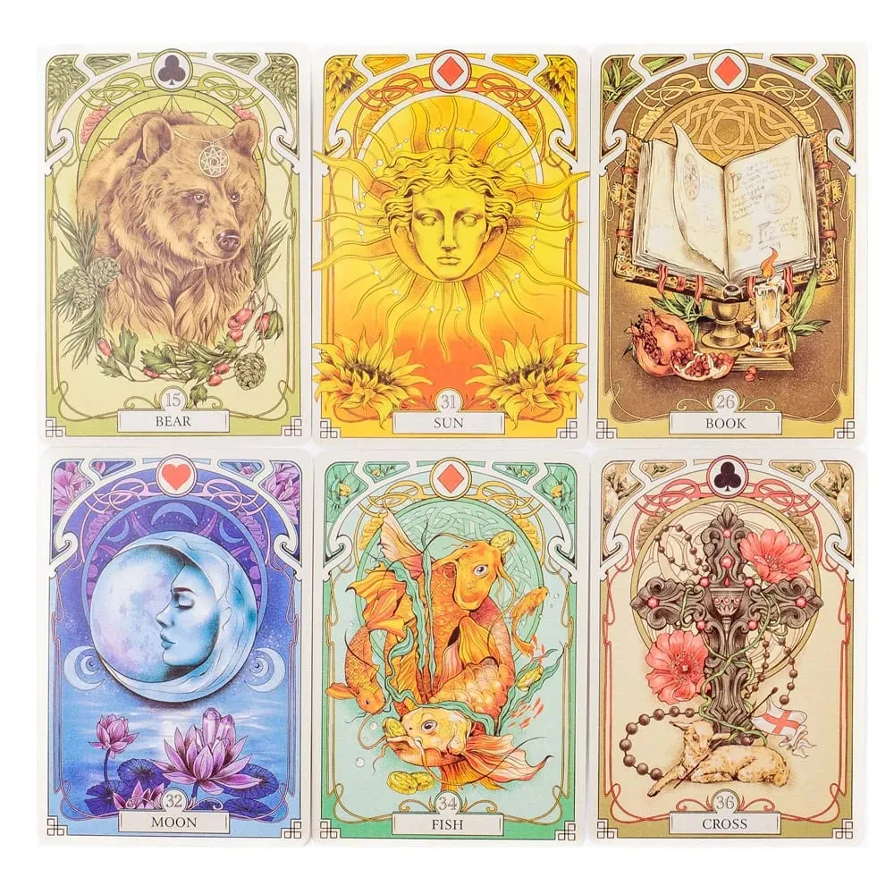 Romantic Lenormand Oracle Cards 37 Pcs Deck 10.2x7.2cm English Vision Art Nouveau Floral Motifs for Party Board Playing Games
