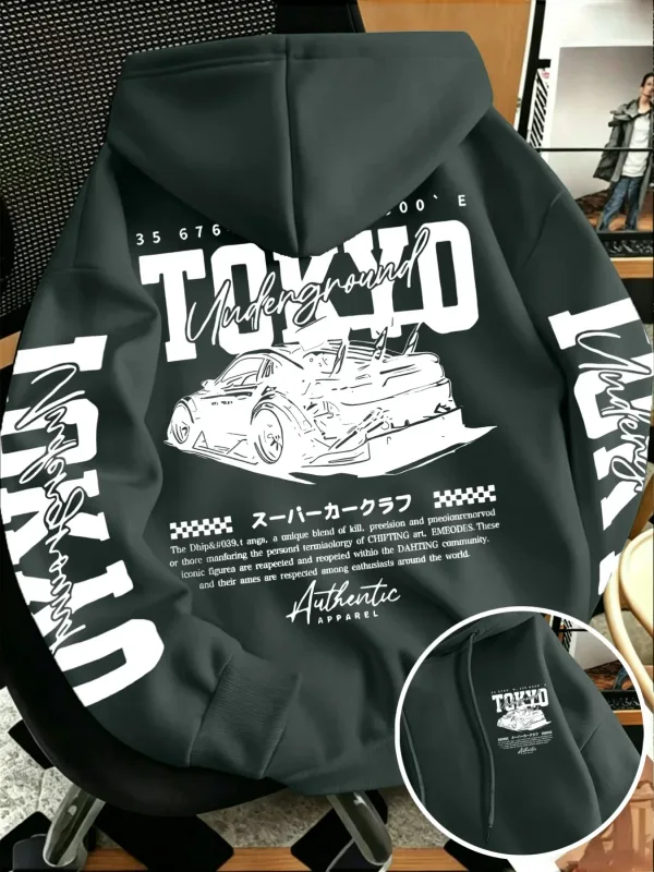 Autumn Winter New Men'S Tokyo Underground Racing Line Drawing Print Hooded Sweatshirt Japanese Street Trendy Top