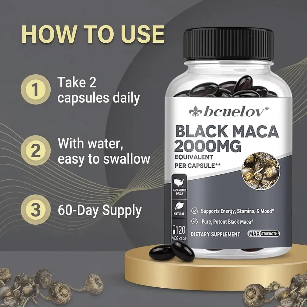 Cápsulas de Maca Negra 20000mg - Suporta a Função Cerebral Promove o Crescimento e Recuperação Muscular Super Absorção Melhora a Vitalidade