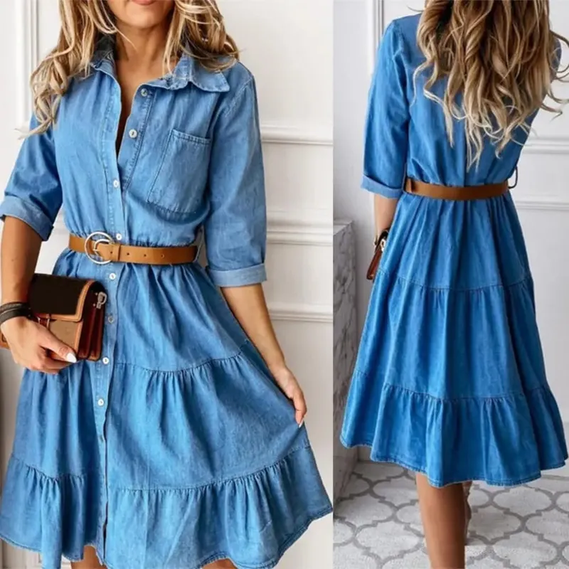 Vestido jeans manga três quartos com cinto gola virada para baixo primavera outono botões babados vestidos jeans para mulheres 2025