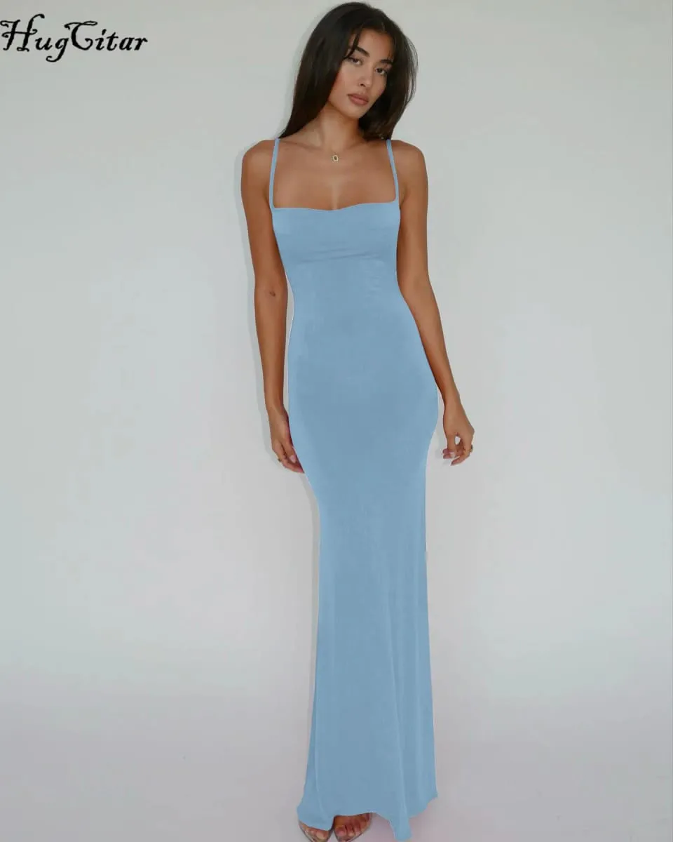 Hugcitar verão sólido sem mangas sem costas elegante sexy bodycon y2k maxi vestido de baile roupas femininas festa de aniversário casual y2k