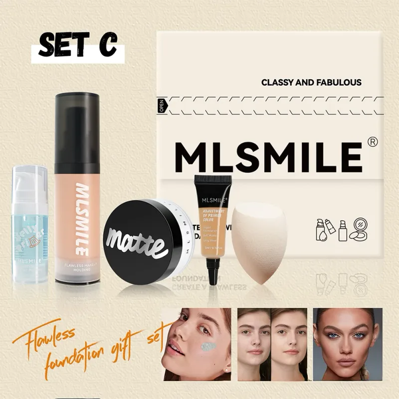 Conjunto de presente de maquiagem de base tudo em um, cobertura completa, configuração de corretivo, esponja de maquiagem em pó, kit cosmético facial portátil
