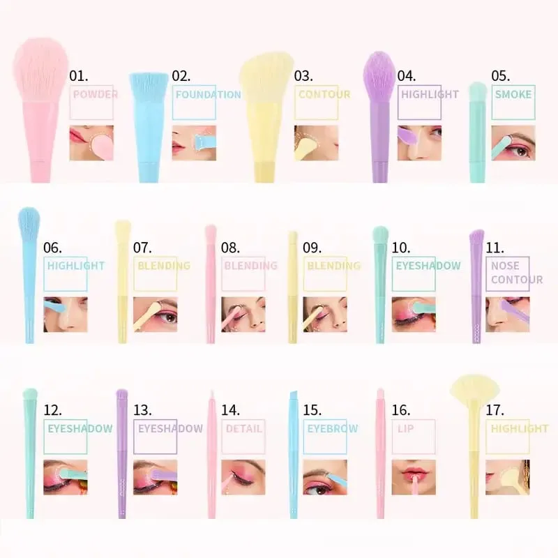 17 cores multi-cor pincéis de maquiagem macaron cor pincéis sombra fundação conjunto de pincéis de maquiagem colorido ferramentas de maquiagem conjunto completo