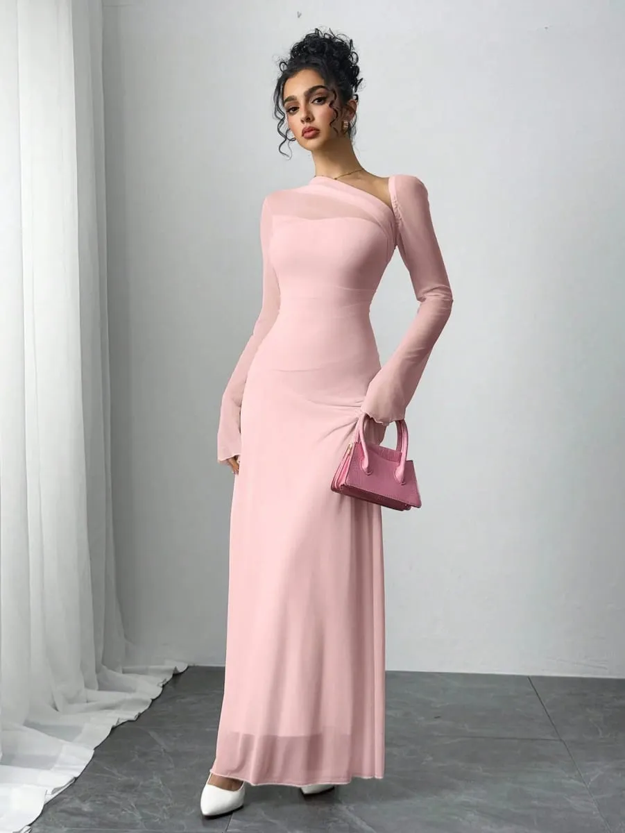 Nova primavera/verão feminino rosa tule explosão fino irregular diagonal ombro ultra longo vestido